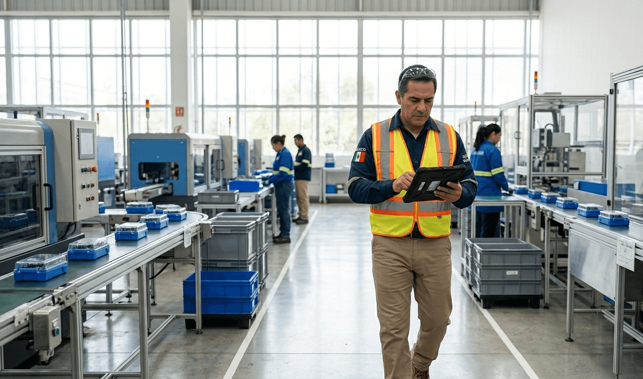 Supervisor revisando tablet en planta industrial