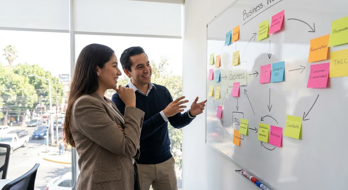Equipo mapeando flujos de trabajo en whiteboard