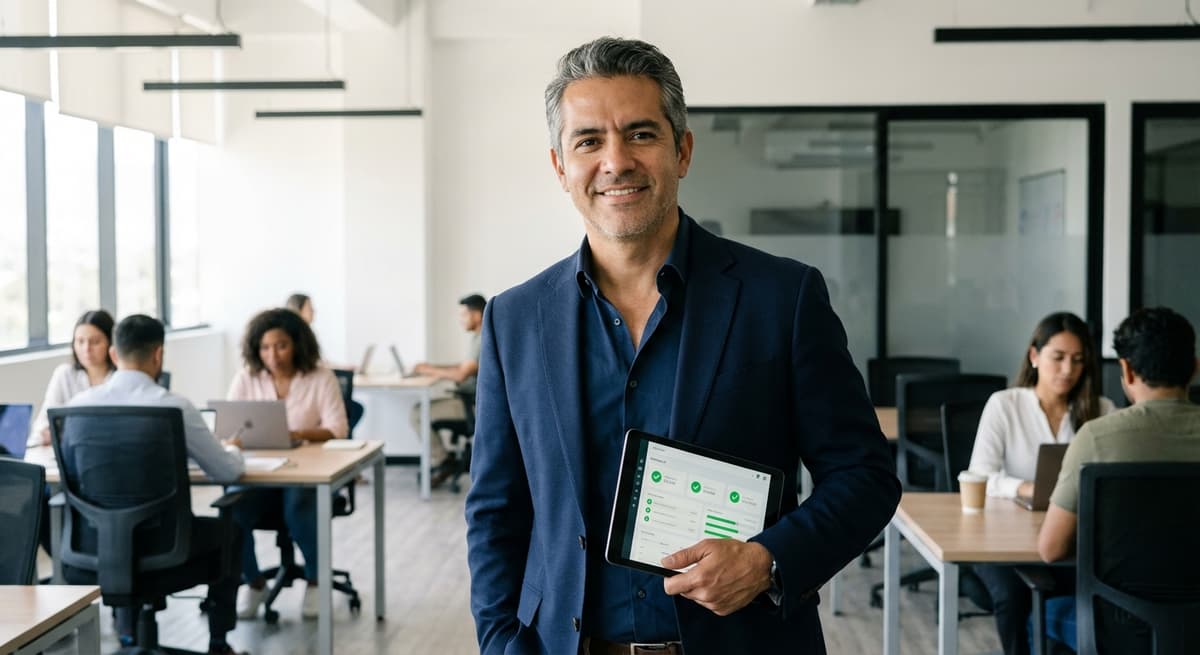 Ejecutivo supervisando operación desde tablet