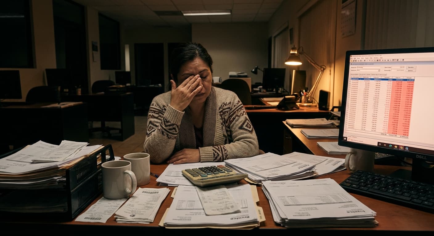 Contadora rodeada de facturas a las 8pm